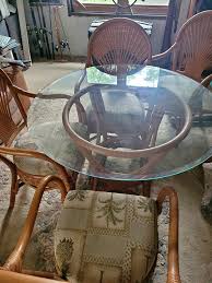 Glass Top Table 42in Rattan frame/4 chairs Tropical Palm 🌴 print fabric on seats. Etegere included.