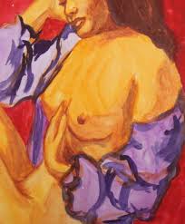 Vintage impressionist nude woman portrait watercolor ...