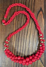 Vintage red beaded gold tone necklace 23” plastic beads ...