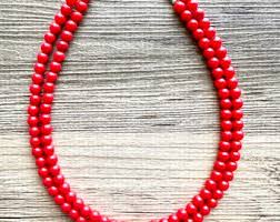 Strawberry Red Beaded Statement Necklace, Thin Bead Red ...
