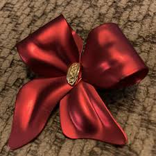 Vtg Pin Brooch RED SATIN ENAMEL Ribbon BOW gold center Puffy ...