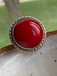 Red Coral Sterling Silver Ring: Twisted Rope Bezel, Size 7-8 ...