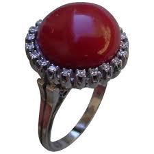 Vintage 1930s Red Coral Italy Made 18K White Gold Ring w ...