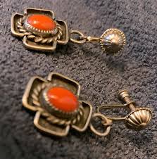Navajo Classic Cross Natural Coral Cabochon Earrings Convertible Screw Backs Y | eBay