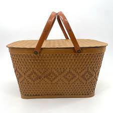 Vtg Red Man Wicker Picnic Basket Wood Lid Metal Handles ...