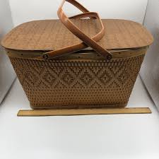 Vintage Wicker Picnic Basket Red-Man Wood Lid Metal ...