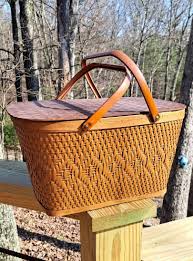 Vintage Red-man Picnic Basket Metal Handle Plates Cups ...