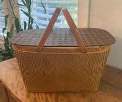 Vintage REDMAN MCM Picnic Basket Woven Wood With Metal ...
