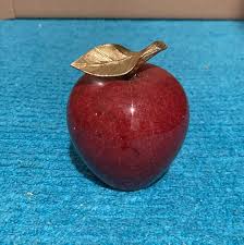 Apple Red Alabaster Marble Stone Paperweight Brass Leaf Rare ...