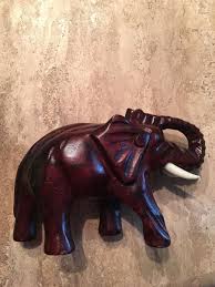 Hand carved Red wood Wooden elephant figure raised trunk 4 1/2” Plastic Tusks | eBay