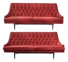 Mid Century Modern Tufted Red Velvet Sofas- a Pair | Chairish