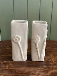 Pair Of Cream And Tan Bud Vases One Rectangle One Square Raised Roses | eBay