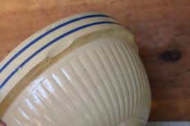 antique Red Wing stoneware crown bowl, salt glazed pottery double blue band