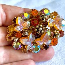 Vintage Triad Faceted Crystal and Metal Filigree Brooch ...