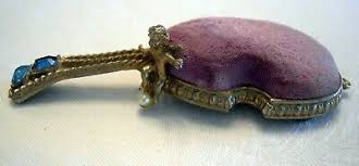 Vintage BRASS GUITAR PURPLE VELVET PIN CUSHION Blue Rhinestones Cherub Pearl SF | eBay