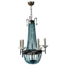 Italian Empire Blue Glass Beads Crystal Prisms Tole Chandelier, c 1900 For Sale at 1stDibs