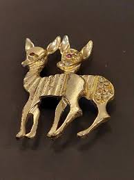 Vintage Gold Plate Brass Reindeer Rhinestone Red Glass Eyes ...