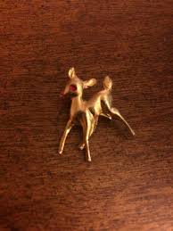 Vintage Signed HONG KONG Brooch Deer Animal Gold Ton Red ...
