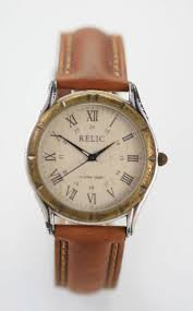 Relic Men's Brown Leather Silver Stainless Water Resistant ...