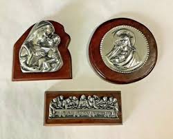 Lot 3 VTG Mexico Pewter/Wood Sacred Heart of Jesus, Virgin Mary w/Jesus Plaques | eBay