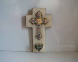 Old Wall Stoup Cross in Cloisonné Enamels on an Onyx and ...