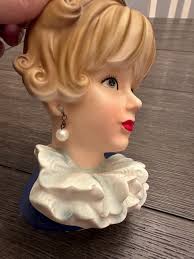 Vintage Relpo K1817 Lady Head Vase, Blue Ruffled Dress Lady Head Vase, Vintage Relpo Head Vase, Vintage Head Vase - Etsy