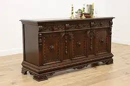 English Tudor Antique Carved Walnut China or Bar Cabinet