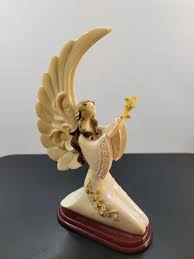 Kneeling Angel Carved Resin Figurine Wood Base Vintage Large ...