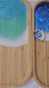 Beach Bamboo Resin Tray, Ocean Jewelry Tray, Decorative Serving Tray, Wooden Display Tray, Trinket Dish, Turquoise Beach Tray, Seascape. - Etsy