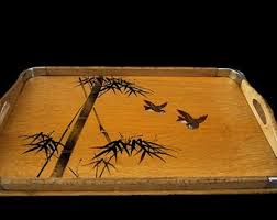 Vtg Hand-painted Wood Tray, Asian Themed, Bamboo and Birds, Blond Wood, Chrome Corners, Made in Japan, Vintage 1940s – 50s - Etsy