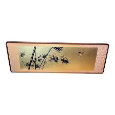 Mid 20th Century Wooden Framed Gold Asian Silkscreen | Chairish