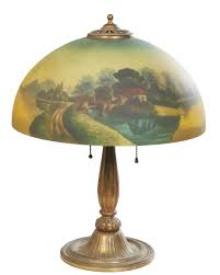 Lot - American Patinated Spelter and Cast Iron Reverse Painted Lamp, early 20th c., H.- 20 1/2 in., Dia.- 16 in.
