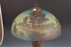 Sold at Auction: EARLY 20TH CENTURY ART GLASS LAMP WITH REVERSE PAINTED SHADE, RUSTIC CAMPING SCENE. Early 20th Century. Marked A & R to base. Shade is