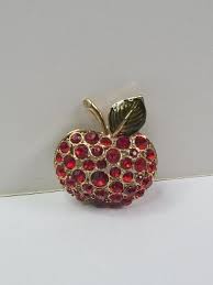 Vtg Gold Tone Green Enamel with Red Rhinestone Apple Shape ...