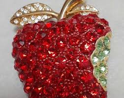 Signed KUO Red and Green Rhinestone Bitten Apple Gold Tone ...