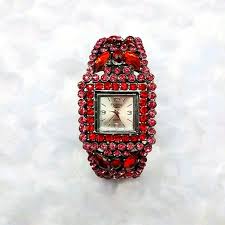 Figaro Couture | Accessories | Figaro Couture Red Rhinestone Hinged Bangle Bracelet Watch | Poshmark
