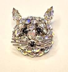 Vintage Warner Silver Tone Clear AB & Black Rhinestone Cat ...
