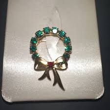 Vtg Eisenberg Ice Brooch Christmas Wreath Green Gemstones ...