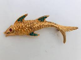 Vintage Fish Locket Brooch: Gold Plated Rhinestone Pin ...
