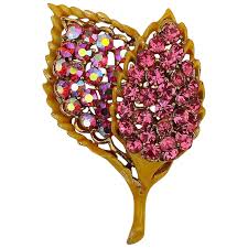 Vintage Rhinestone Pin Brooch - 2 Leaves - 2 Pinks - 2 Ways to Sparkle. For Sale at Ruby Lane
