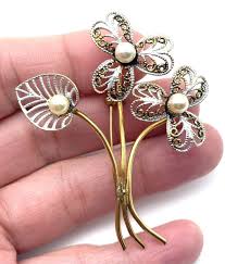 Damascene Spain flower floral brooch pin faux pearl gold ...