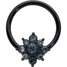 16G 3/8 Clear Black Gem Evening Flower Hinged Segment Ring