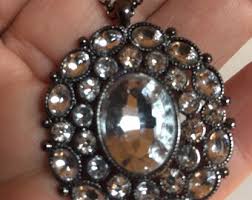 Crown Trifari Oval Rhinestone Pendant - Crown Trifari Dark Chain Rhinestone Necklace - Etsy