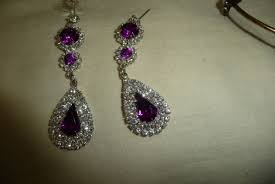 FAUX DIAMOND & PURPLE STONE 2" L DANGLE PIERCED STATEMENT ...