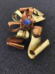 Vintage Bow Brooch, Copper And Gold Colored, Blue Center Stone Accent | eBay