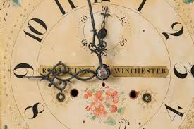 Sold at Auction: TALL CASE CLOCK - 18th c. Red Painted Country Chippendale Pine Grandfather Clock signed "R. Whiting, Winchester" (Connecticut, circa 1813-1819 as sole proprietor), with fretwork crest and three original