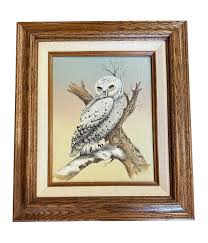 Vintage Snowy White Owl Bird Oil Painting Signed Casandra ...
