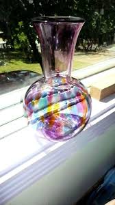 Art glass 8.5" purple pink amber blue vase w crackle texture ...