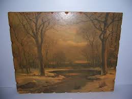 VINTAGE ROBERT WOOD CREEK WINTER SCENE PRINT LITHO ON ...