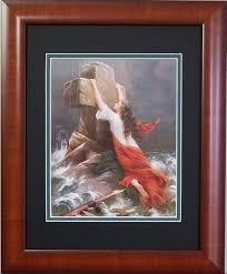 Woman clinging to cross in the sea framed print Gifts of Faith